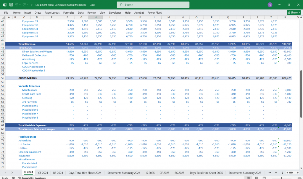 Equipment Rental Company Income Statement Spreadsheet