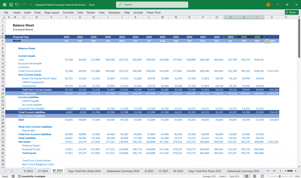 Equipment Rental Company Balance Sheet Template