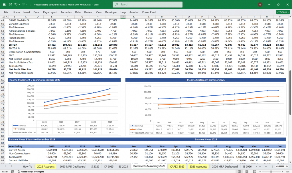 Virtual Reality Software Company Finance Model