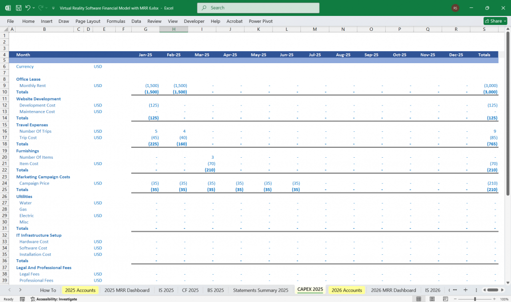 Virtual Reality Software Company Finance Model