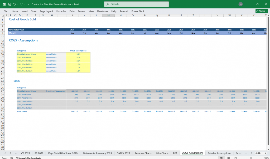 Construction Plant Hire Company COGS Spreadsheet