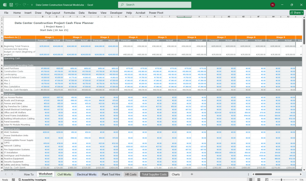 Data Center Construction Financial Spreadsheet