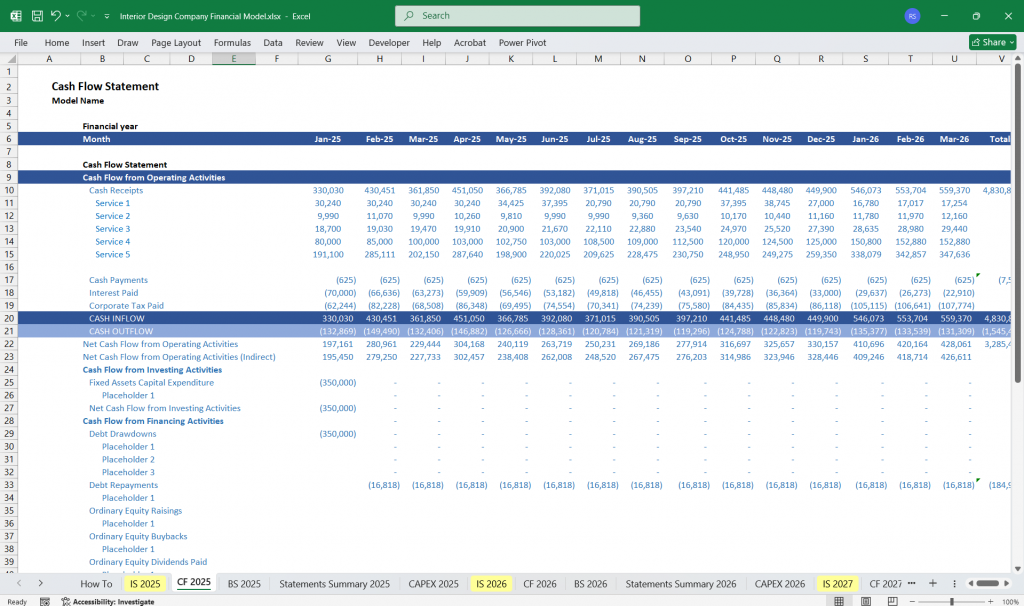 Interior Design Company Cash Flow Statement