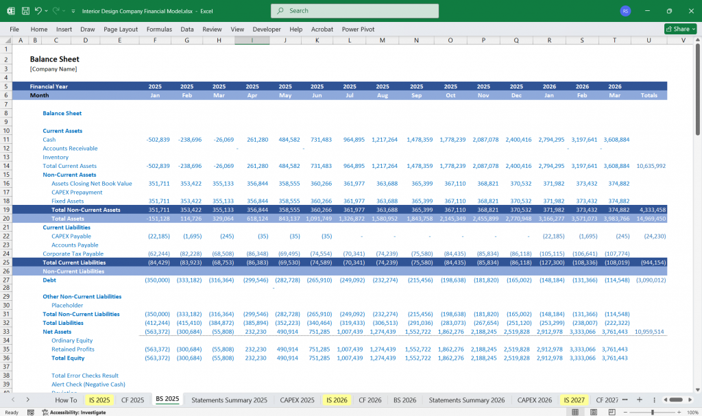 Interior Design Company Balance Sheet Excel
