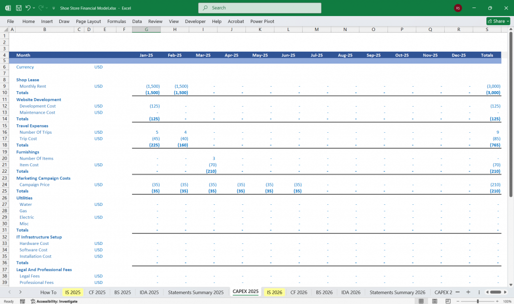 Shoe Store Finance Template Excel