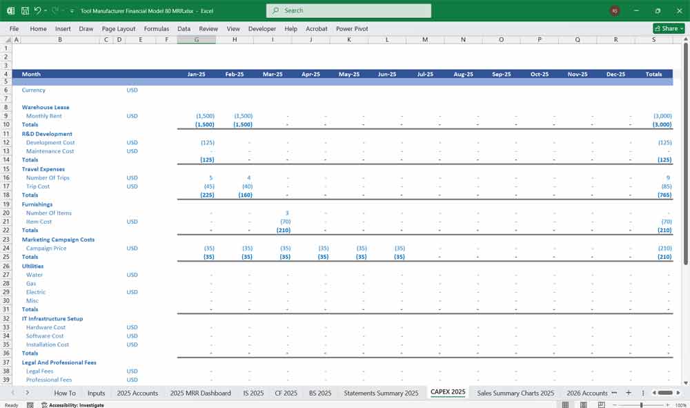 Tool Manufacturer Financial Model xls Excel