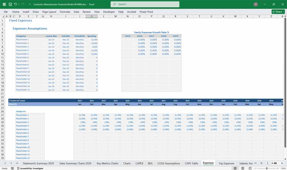 Cosmetics Manufacturer Finance Model Excel Template