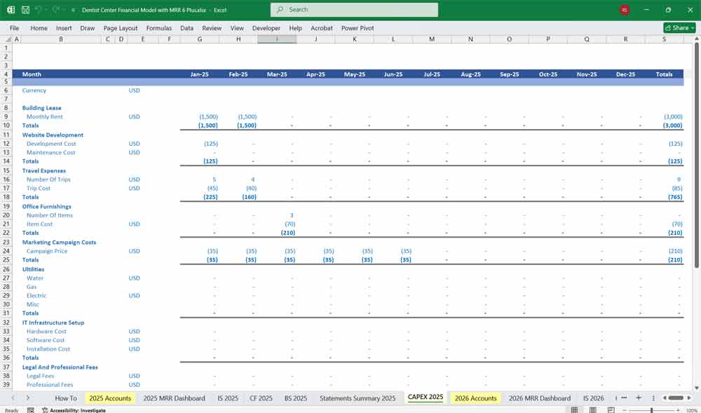 Dentist Financial CAPEX Template
