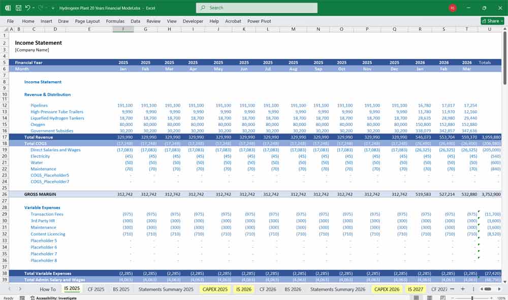Hydrogen Plant Financial Model