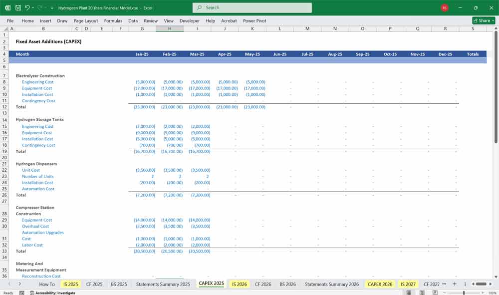 Hydrogen Plant Excel Template