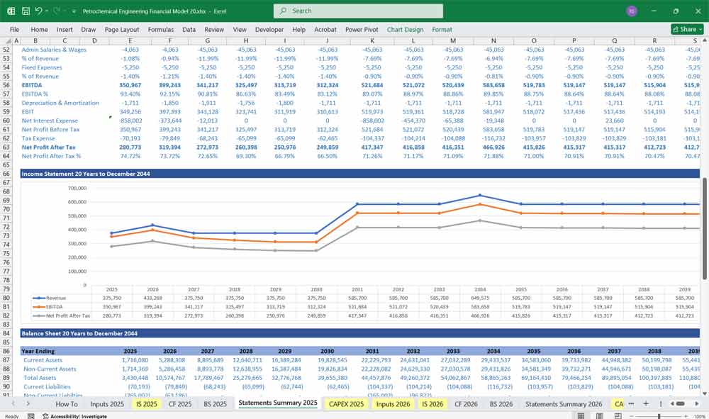Petrochemical Engineering Financial Model Summary Chart