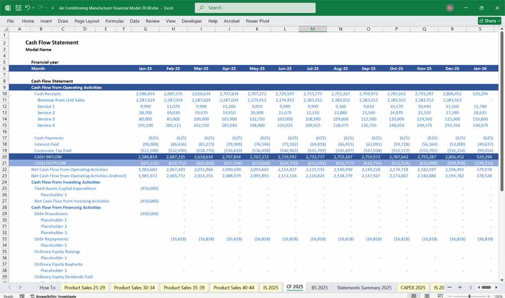 Air Conditioning Supplier Financial Model Cash Flow Statement