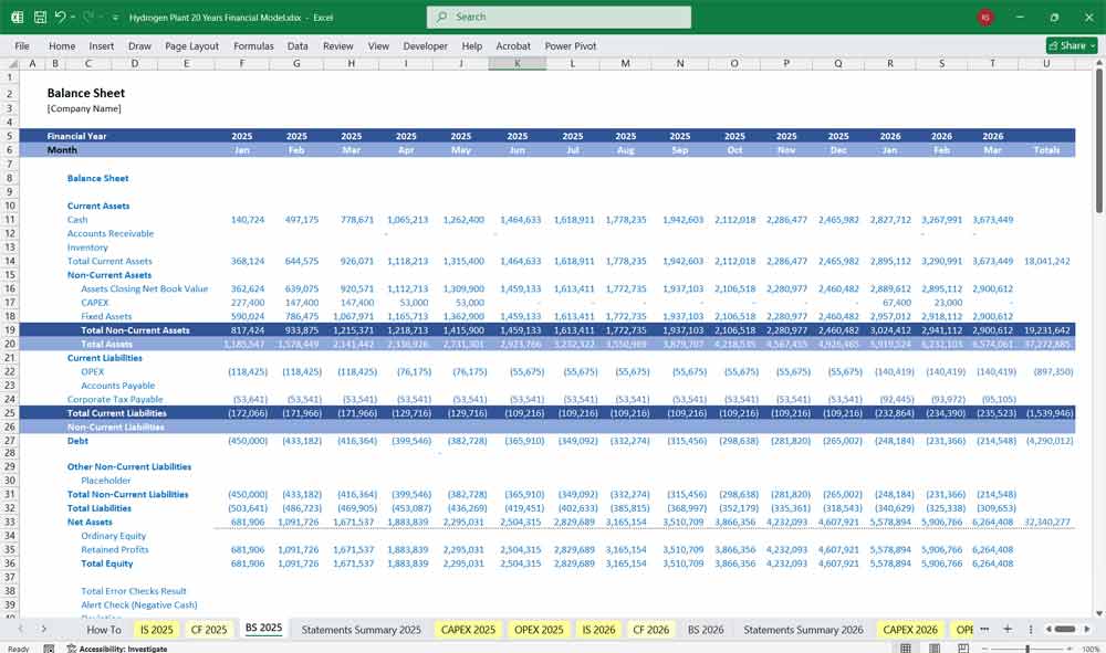 Hydrogen Plant Financial Model xls Template