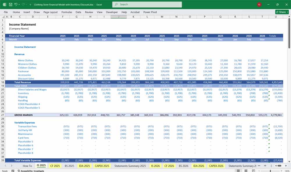 Clothing Store Financial Model
