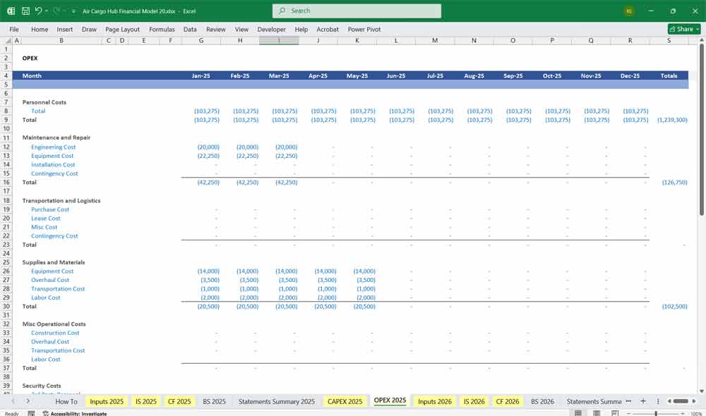 Air Cargo Hub Financial Model CAPEX Spreadsheet