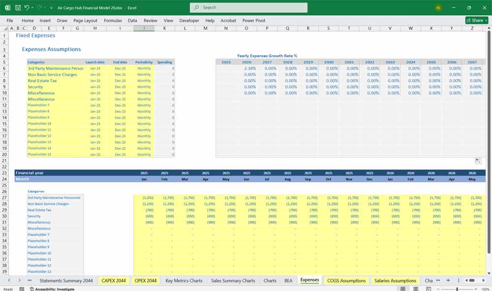 Air Cargo Hub Financial Model Expenses Spreadsheet