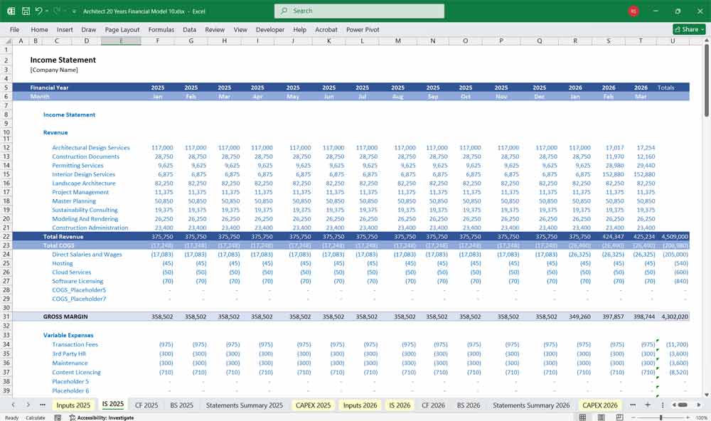 Architect Finance Model Income Statement