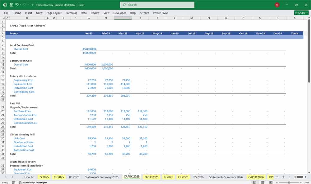 Cement Factory CAPEX Spreadsheet
