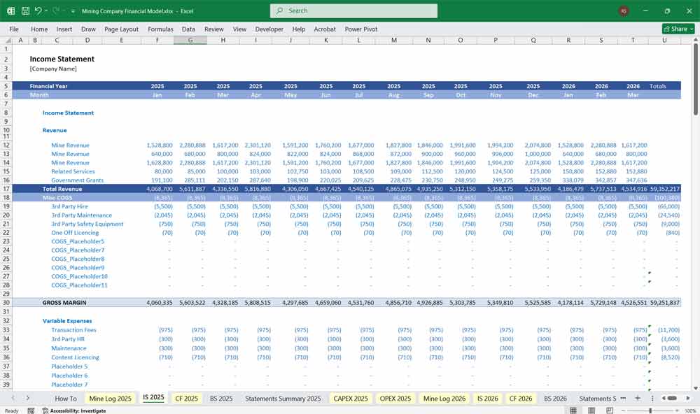 Mining Company Income Statement