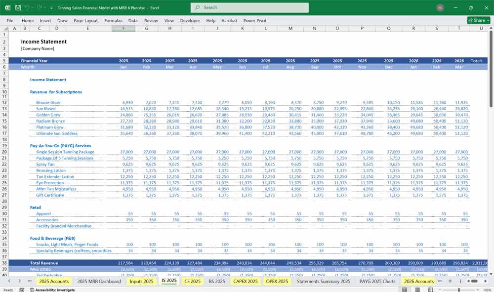 Tanning Salon Financial Model