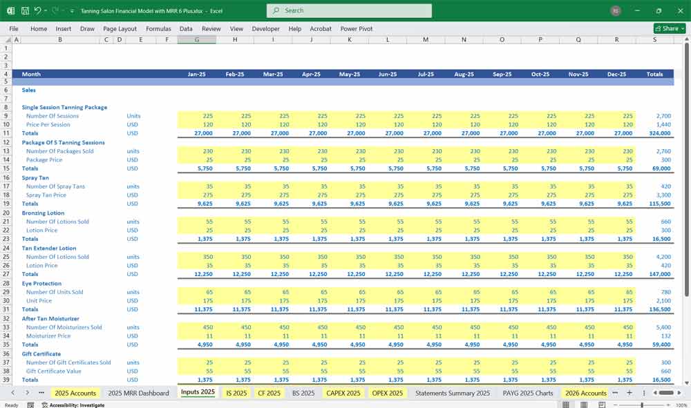 Tanning Salon Financial Model