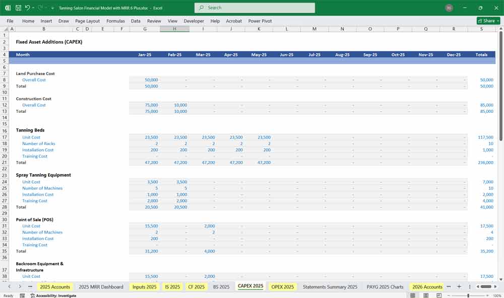 Tanning Salon CAPEX Spreadsheet