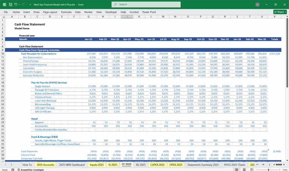 Medi Spa Cash Flow Statement