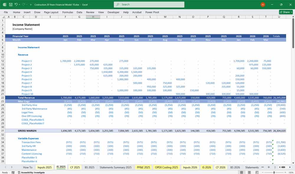 Construction Company Finance Model