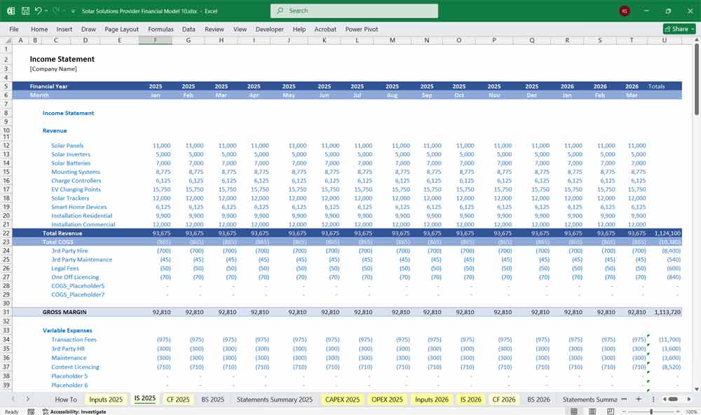 Solar Energy Solutions Company Financial Model