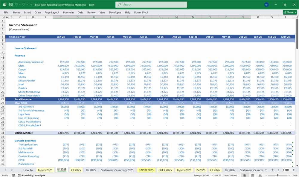 Solar Panel Recycling Centre Financial Template