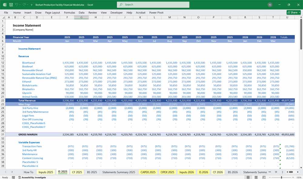 Biofuel Production Plant Income Statement