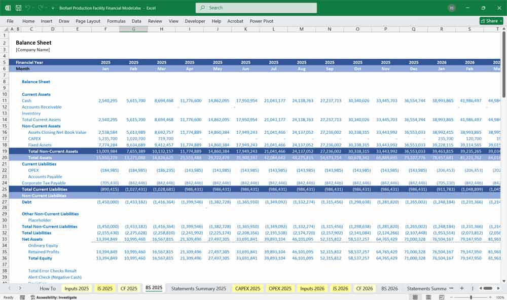 Biofuel Production Plant Balance Sheet