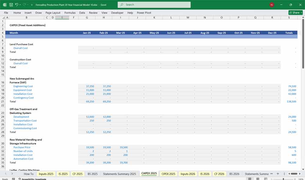 Ferroalloy Production Plant CAPEX Spreadsheet