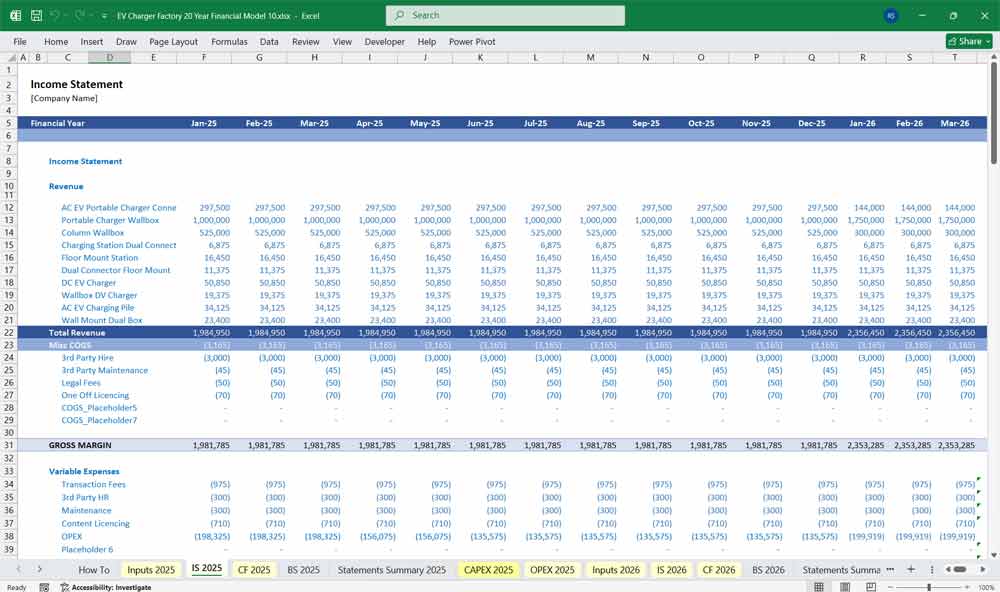 EV Charger Factory Income Statement