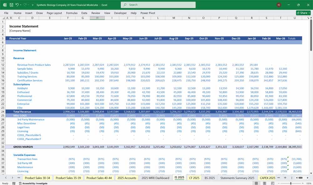 Synthetic Biology Company Income Statement