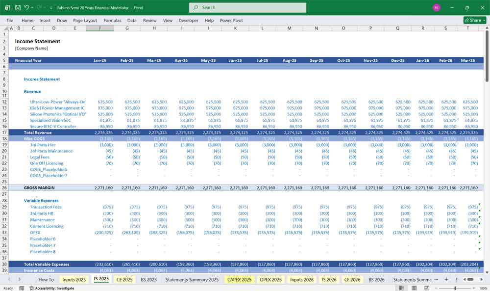 Fabless Company Financial Model
