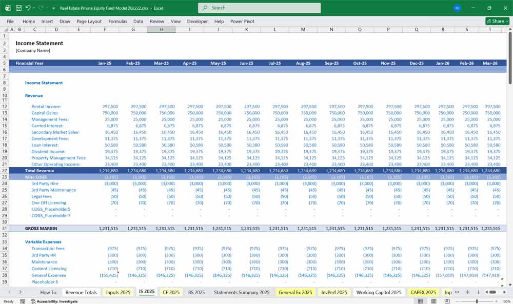 Real Estate Private Equity Fund Financial Projection Model