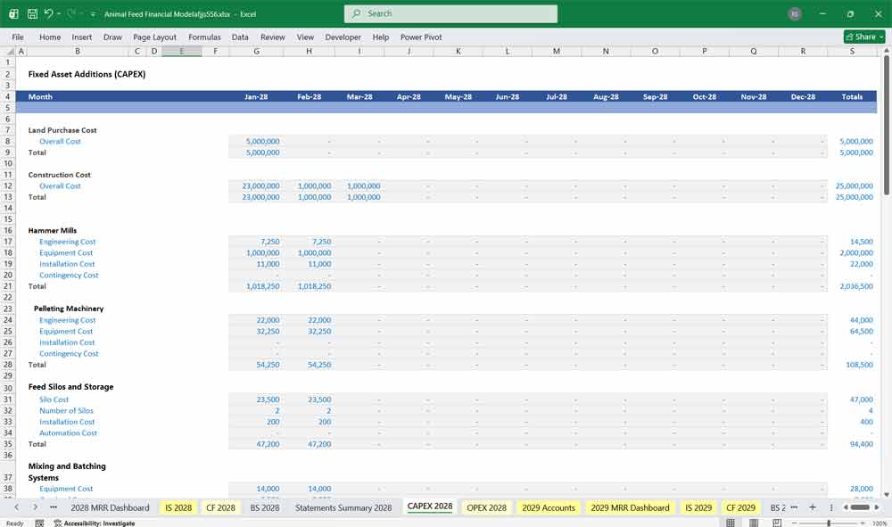 Animal Feed Company CAPEX Spreadsheet