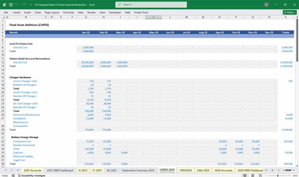 EV Charging Station Financial Model with BESS and Solar Revenue