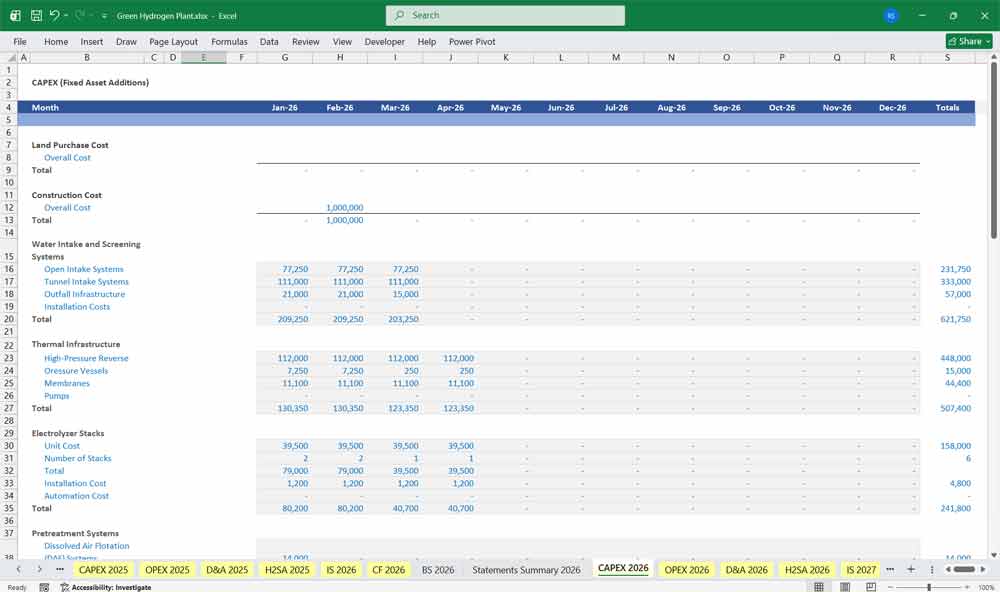 Hydrogen Plant Excel Template