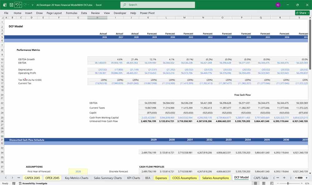 AI Developer Financial Model With DCF Excel Template