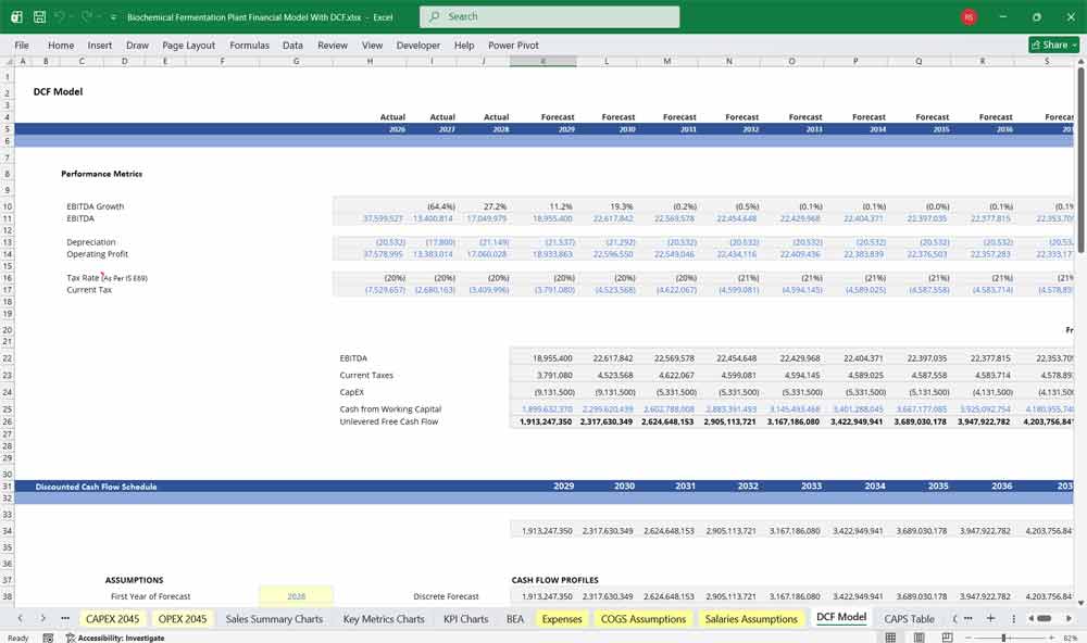 Biochemical Fermentation Plant Financial Model With DCF