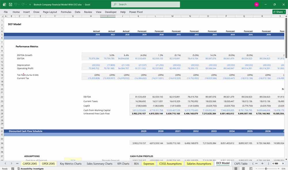 Biotech Company Discounted Cash Flow Financial Model Excel Template