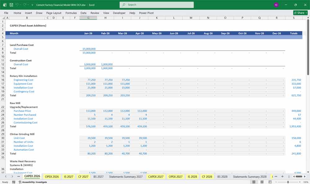 Cement Factory Financial Model With DCF Excel Template