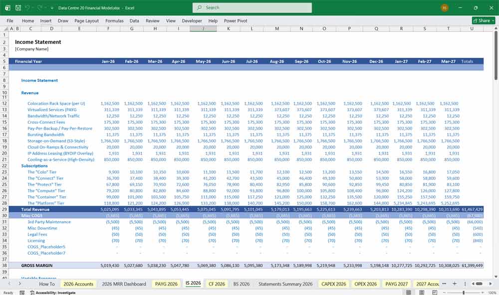 Data Centre Financial Model with Discounted Cash Flow Excel