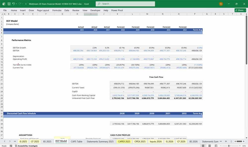 Midstream Oil & Gas Refinery Discounted Cash Flow (DCF) Model Excel