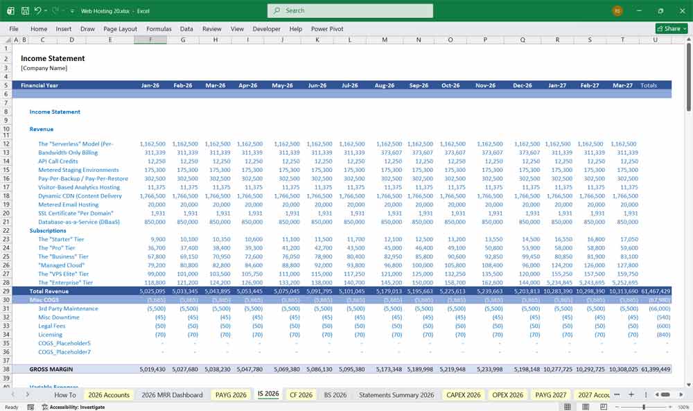Web Hosting Financial Model Excel Template (2026)