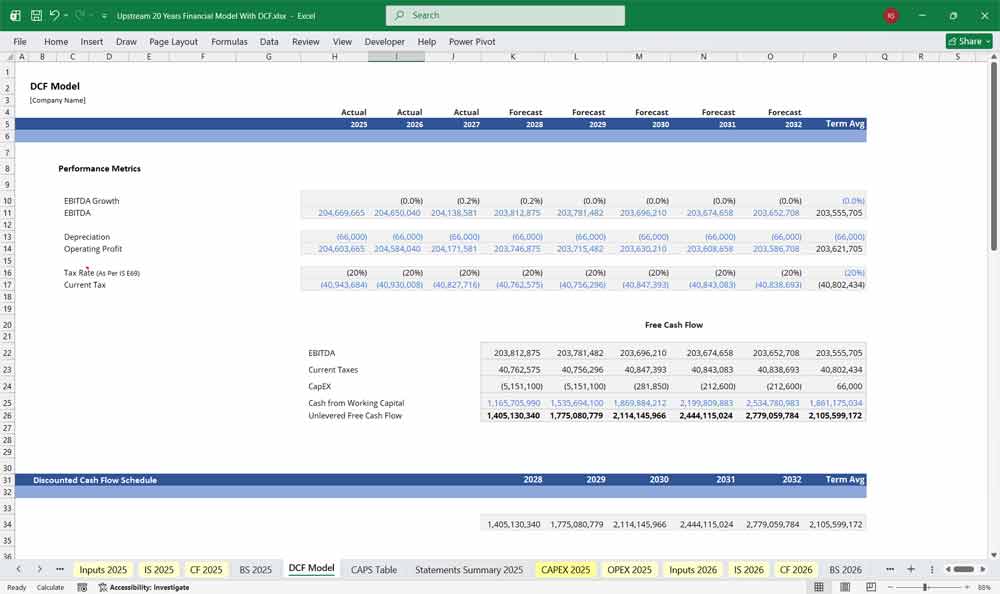 Upstream terminal Discounted Cash Flow (DCF) Model