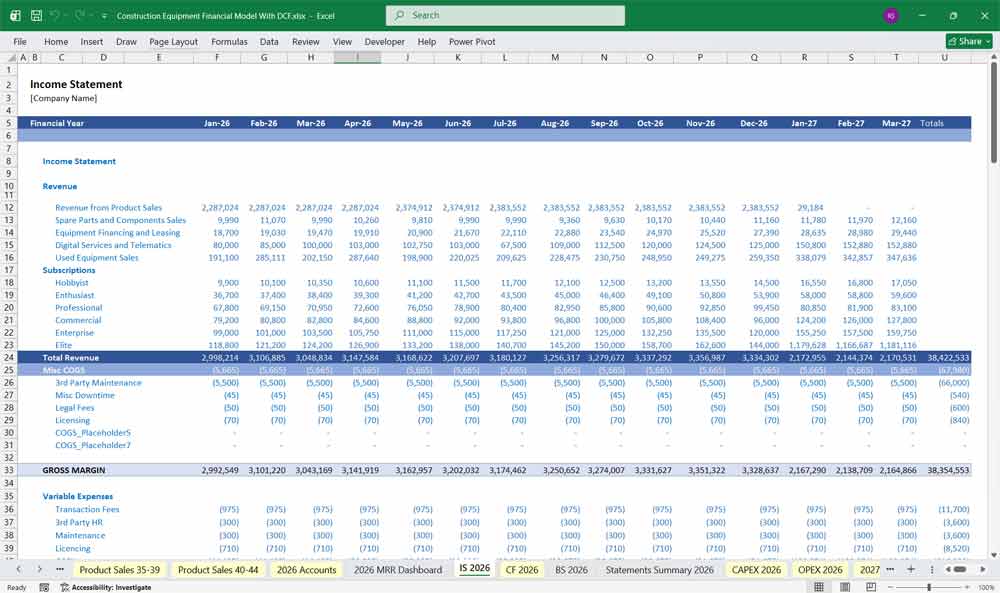 Construction Equipment DCF Financial Model Excel Template