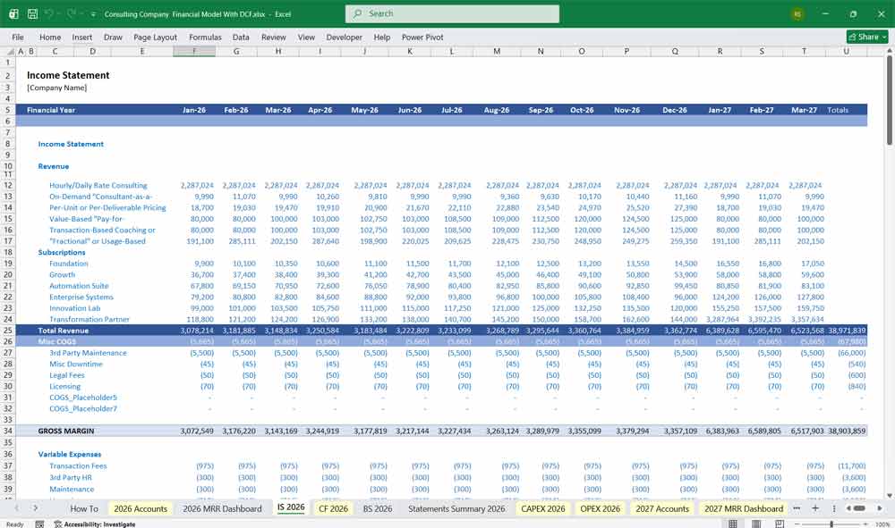 Consulting Company Financial Model With DCF Excel